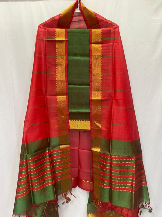 Mangalgiri silk cotton suite in brick red with green