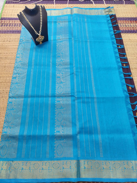 Kanjivaram silk cotton Saree coffee color with teal blue border with butti shade saree