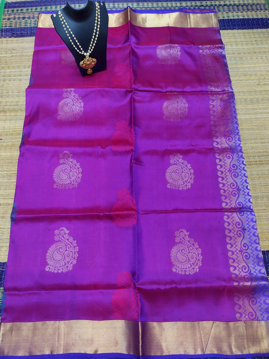 Kanjivaram softsilk saree in purple with navy butties double warp with silver jari