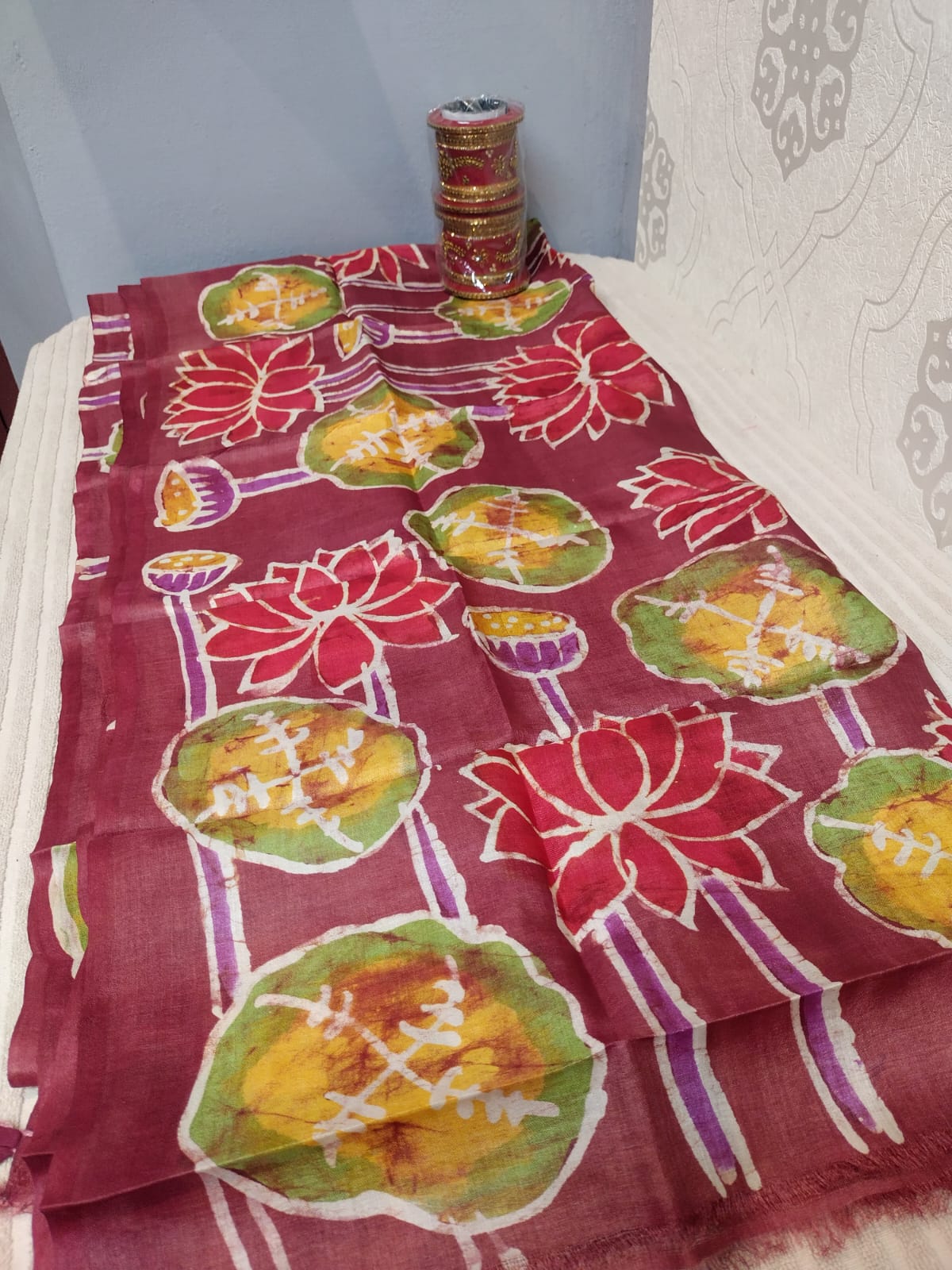 Pure Tussar dupatta in kalamkari pattern with hand painted lotus flowers in maroon 