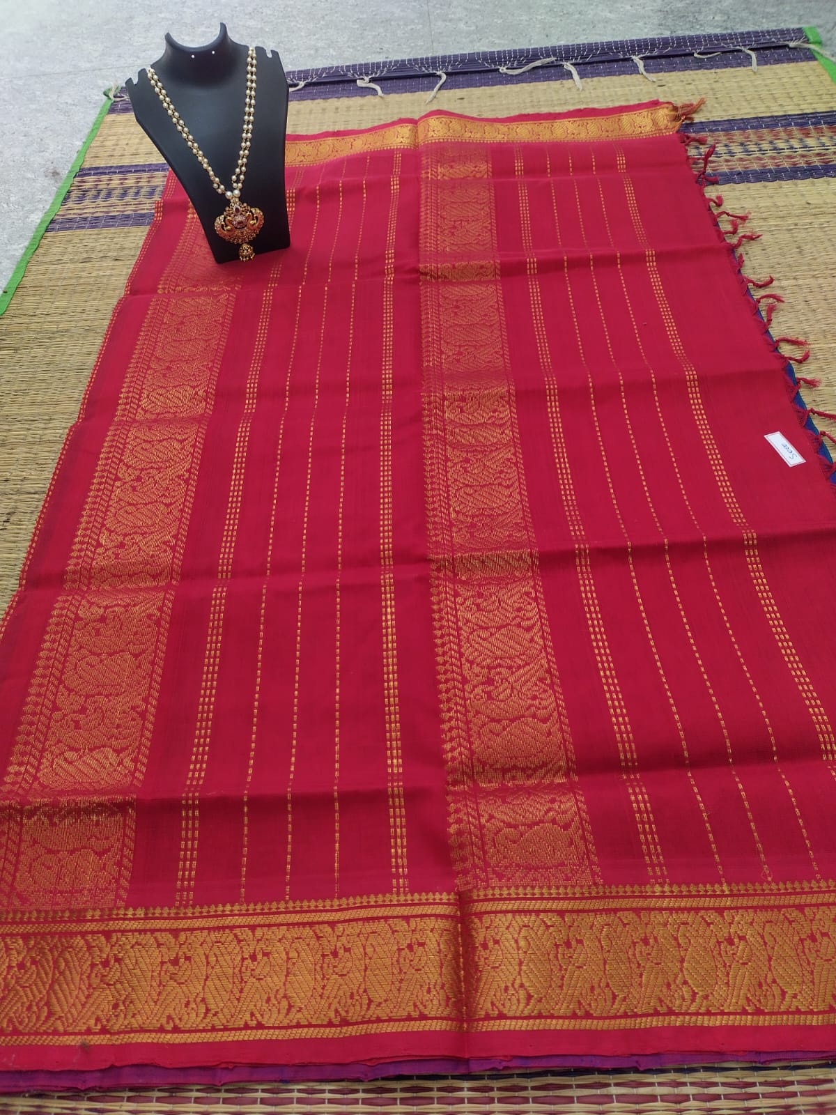 Kanjivaram silk cotton Saree blue butta saree border in red