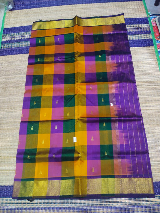 Pure silk cotton Saree with checked  palum palamum pattern in multiple colors with purple pallu