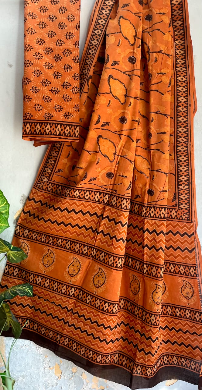 Salwar suite material in pure vanaspathi hand block natural color in brick orange