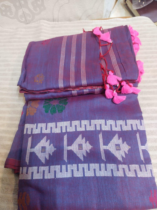 Jamudhani suite material in pure linen purple