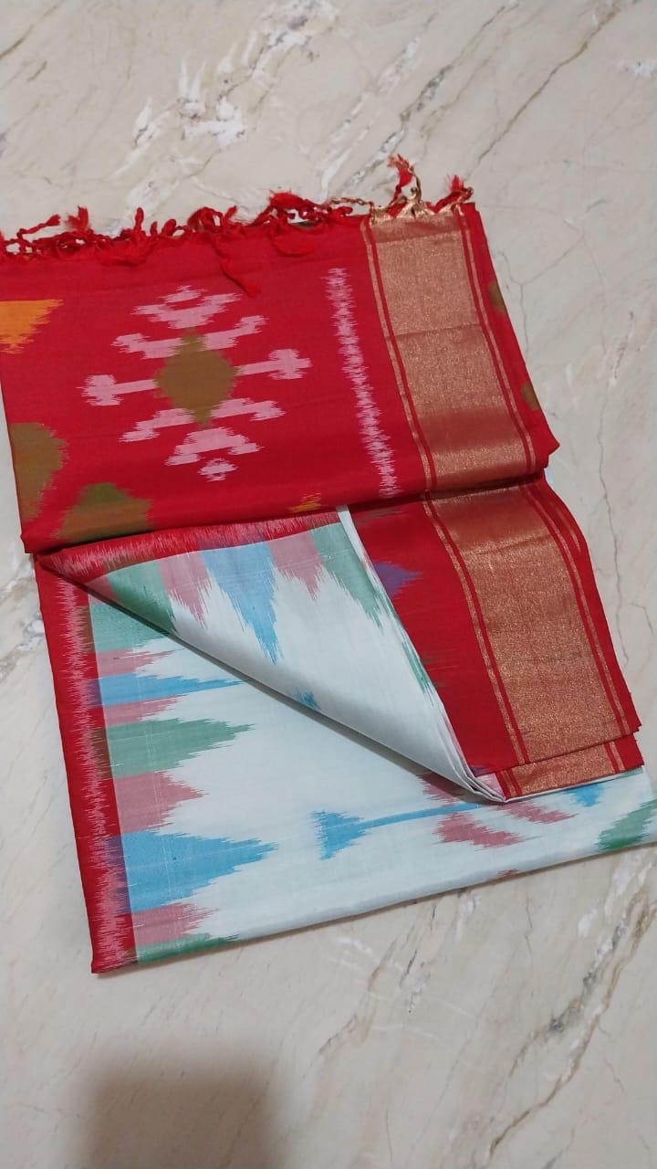 pochampalli ikkat soft silk saree in ivory and chilli red