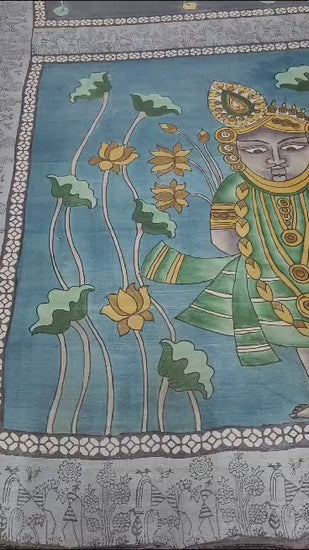 Tussar silk hand painted Kalamkari in gray color with flower and Krishna theme