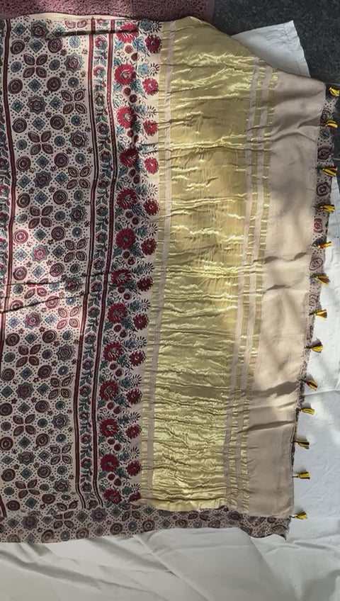 Ajrakh modal silk saree with Shibori on body yellow