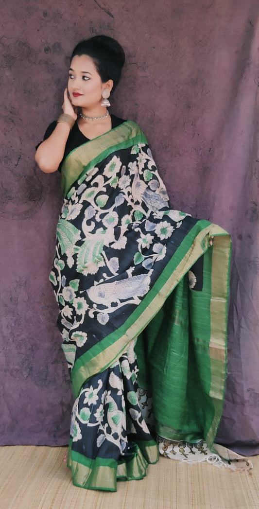 Hand painted Pen Kalamkari pure tussar Saree in peacock and forest story black with green colors