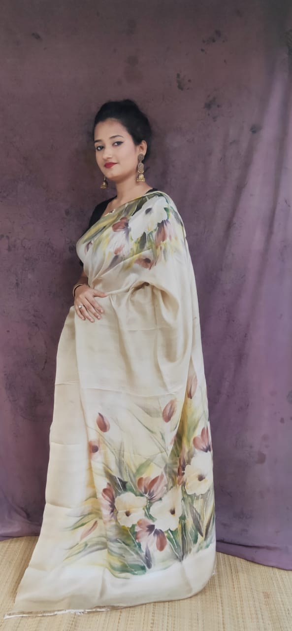 Hand painted water color pure silk Saree in light cream 