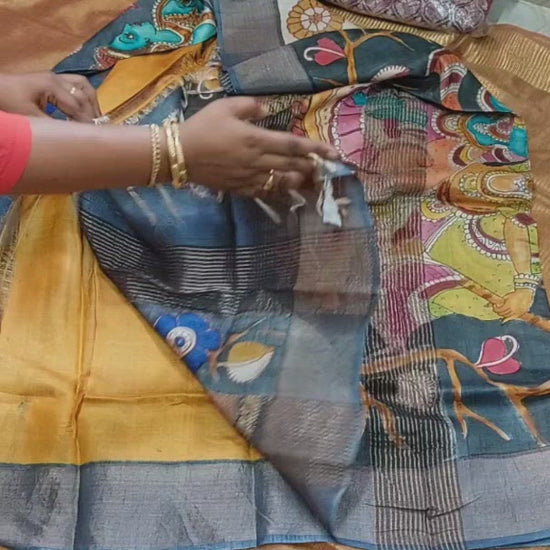 Hand painted Kalamkari pure zari tussar Saree with radha krishna concept