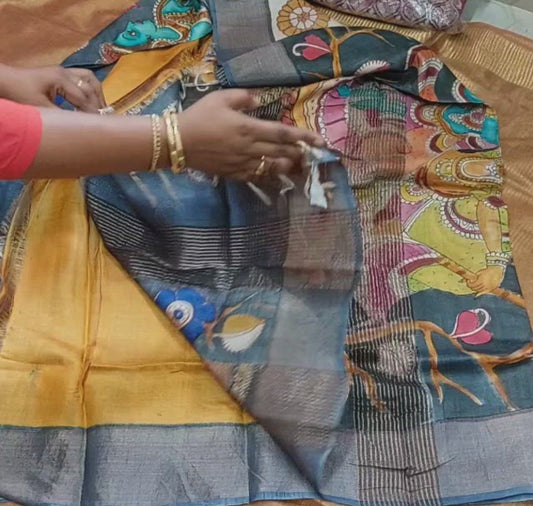 Hand painted Kalamkari pure zari tussar Saree with radha krishna concept