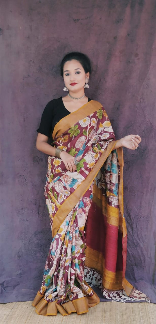 Hand painted Pen Kalamkari pure tussar Saree in people culture story maroon with yellow colors