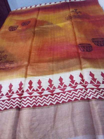 Pure Zari tussar silk saree in hand painted kalamkari in olive brick color with beautiful batik mixed theme