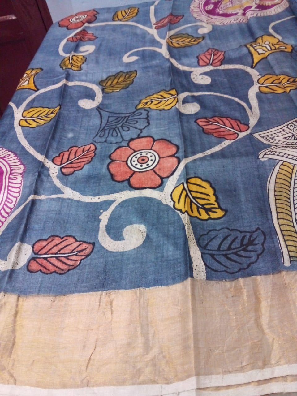 Tussar silk Hand painted Kalamkari using natural Hibiscus Kalamkari story in Gray Color