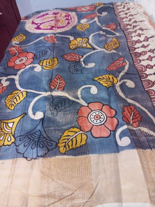 Tussar silk Hand painted Kalamkari using natural Hibiscus Kalamkari story in Gray Color