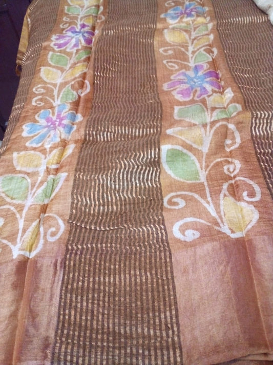 Tussar silk Hand painted Kalamkari using natural Hibiscus Kalamkari story