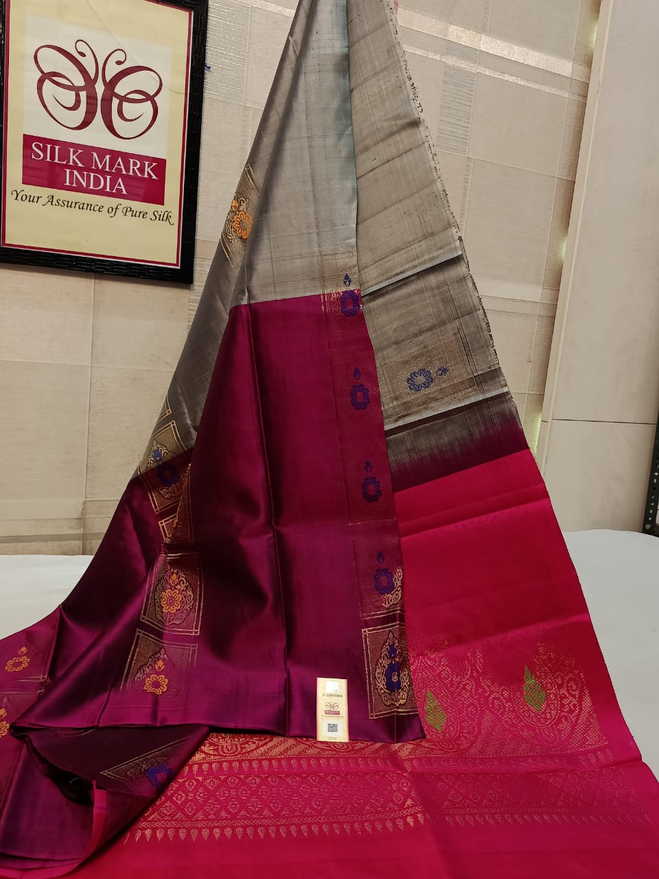 Pure Kanjivaram silk saree in handoven light gray with maroon with blue