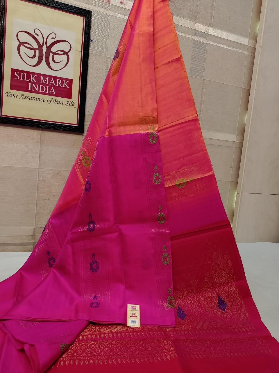 Pure Kanjivaram silk saree in handoven peach with Rani pink