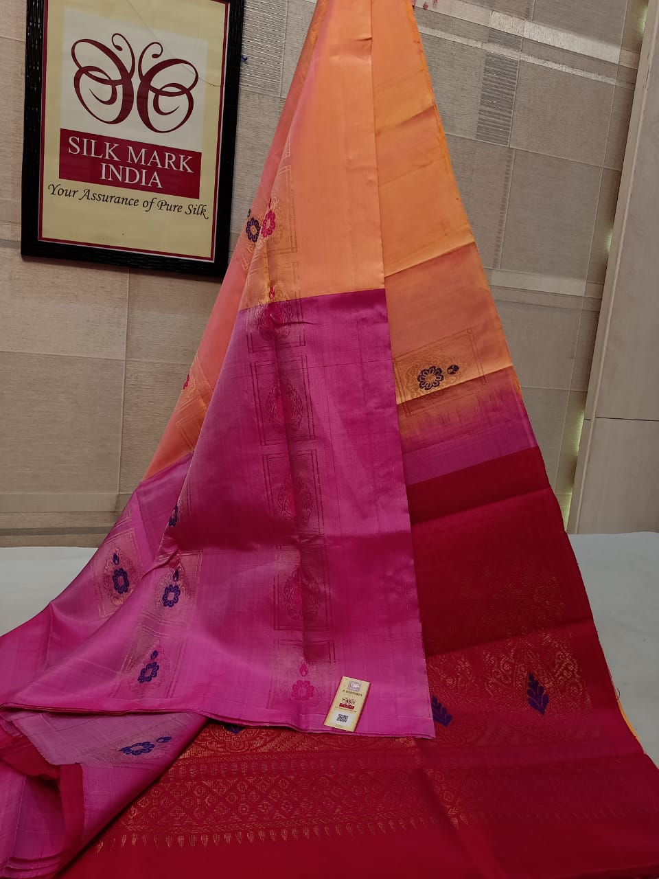 Pure Kanjivaram silk saree in handoven light peach with Rani pink