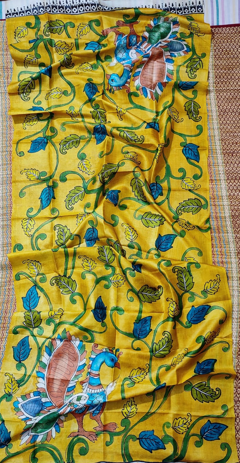 Pure Tussar dupatta in kalamkari pattern with hand painted flowers in yellow