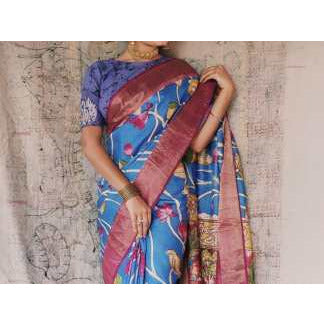 Hand painted Pen Kalamkari pure tussar Saree Lotus theme in blue color