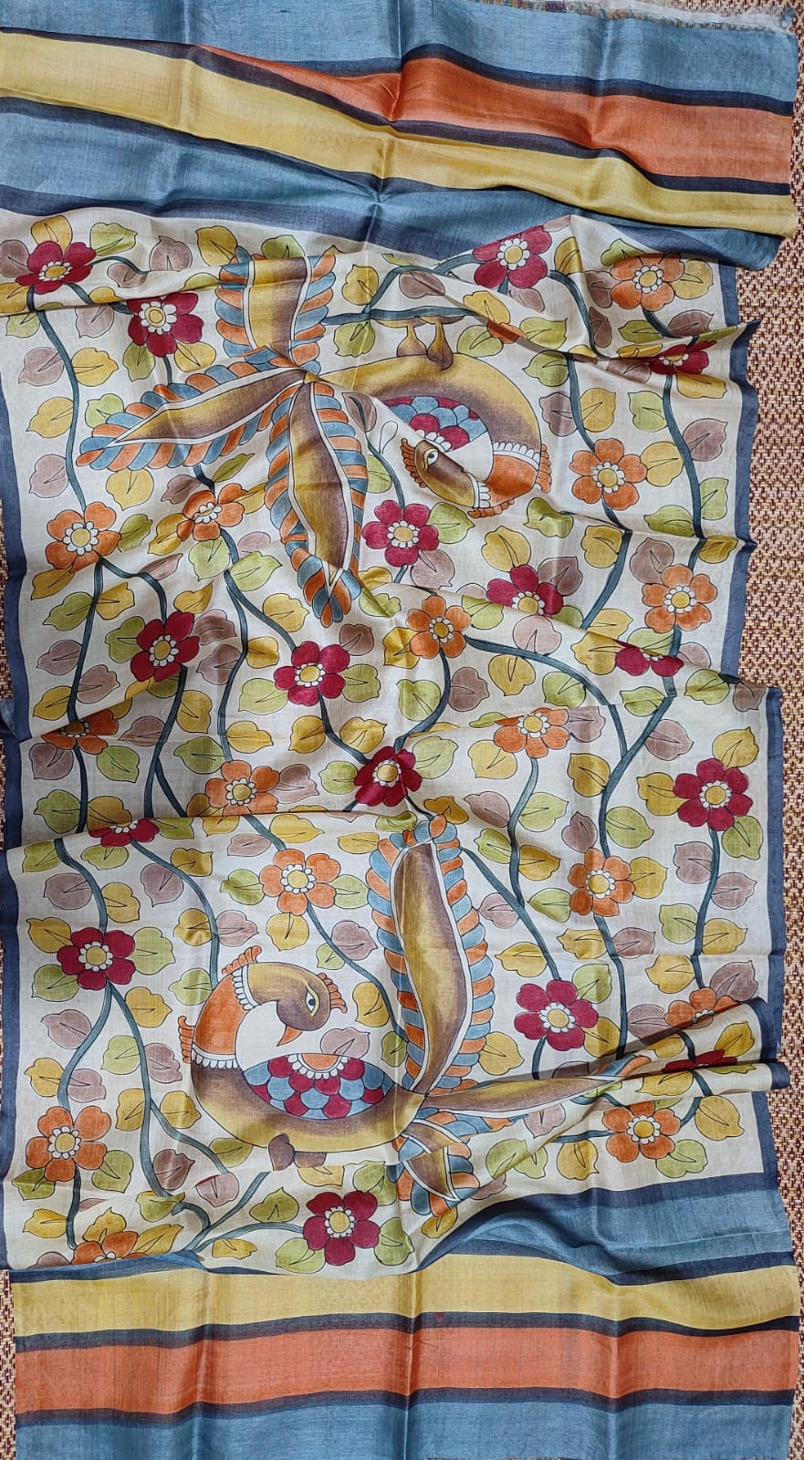 Pure Tussar dupatta in kalamkari pattern with hand painted flowers in blue 