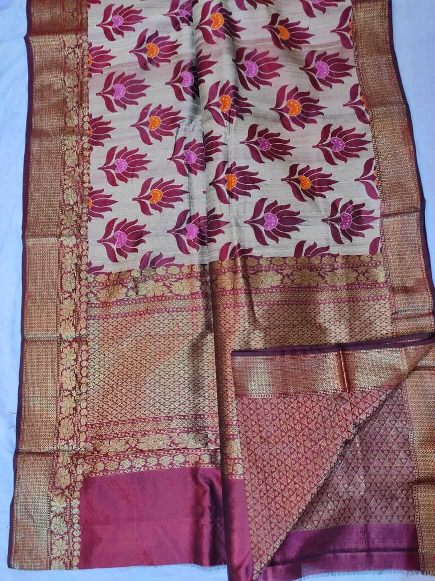 Beautiful maroon color peacock feather like meenakari butta tussar Banarasi meenakari saree