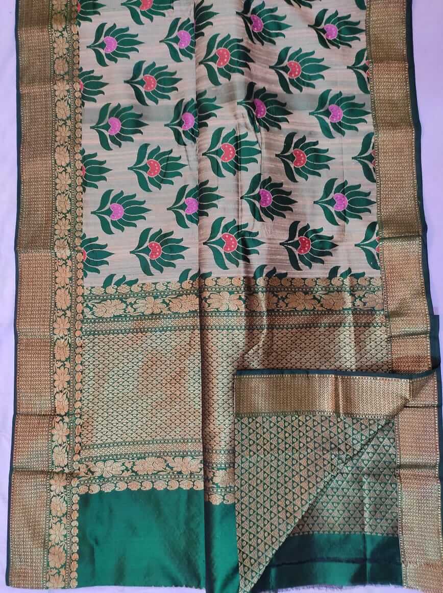 Beautiful green color peacock feather like meenakari butta tussar Banarasi meenakari saree