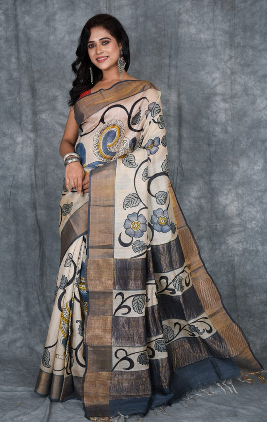 Hand painted Pen Kalamkari pure tussar Saree in peacock and forest view