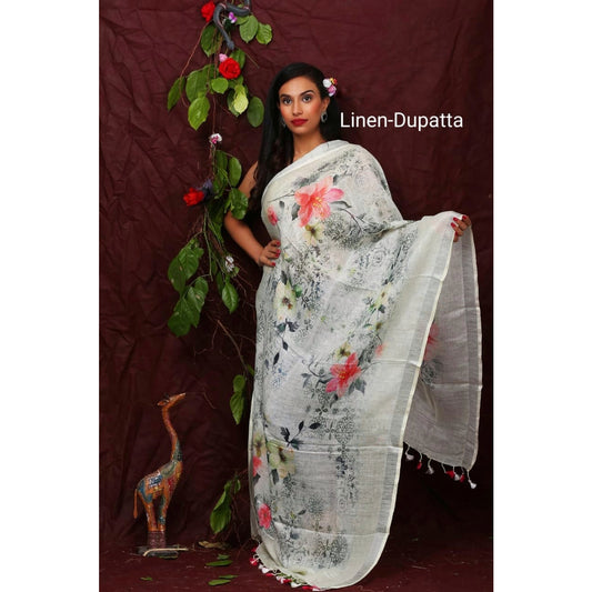 Digital printed pure Linen dupatta in half white and lilly flowers