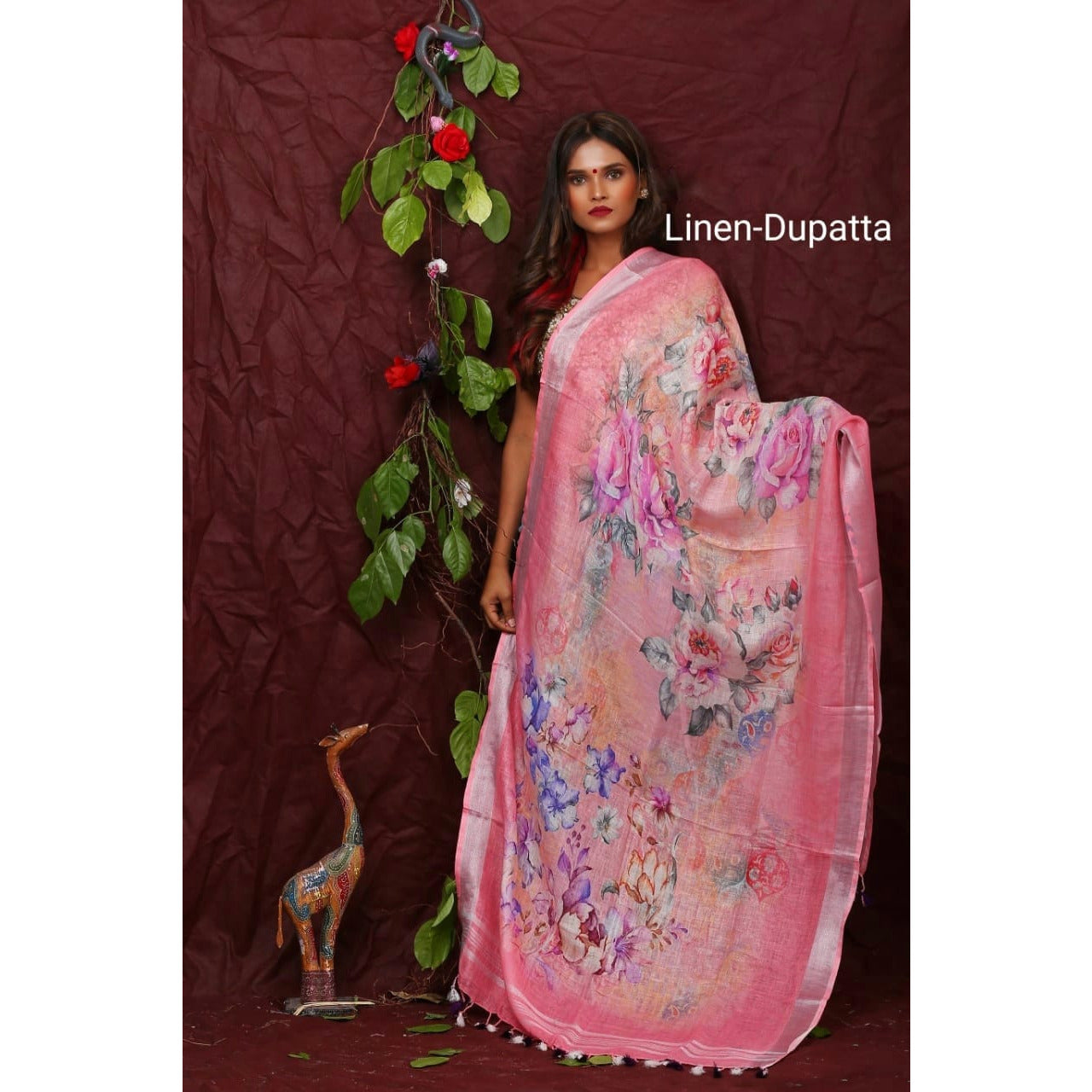 Digital printed pure Linen silk dupatta with flowers