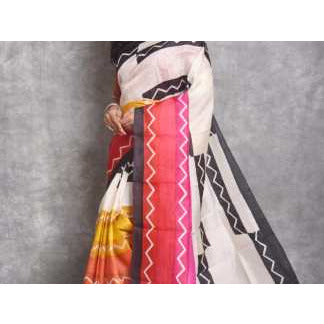 Mushidabad Pure Silk Sarees, Silk Block Printed Saress Red with Half White and Black