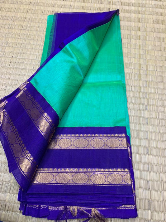 Korvai handloom silk cotton Saree Rettaipet border in sea green with royal blue border