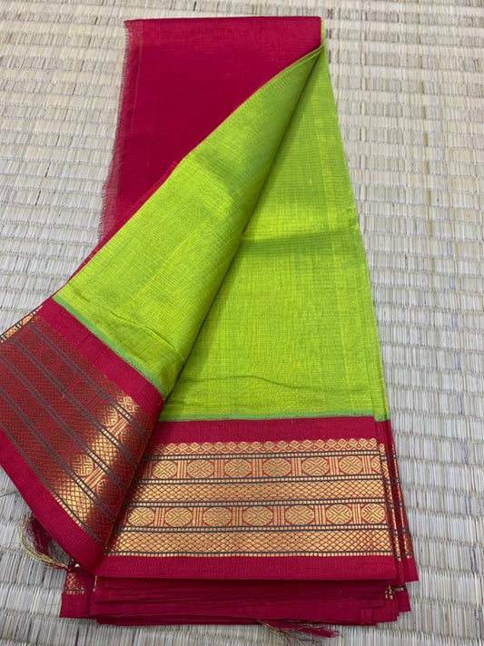 Korvai handloom silk cotton Saree korvai border in new leaf green with red border