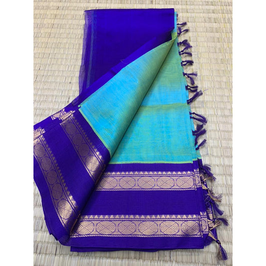 Rettaipet border in sky blue body and royal blue border Korvai handloom silk cotton Saree Rettaipet border