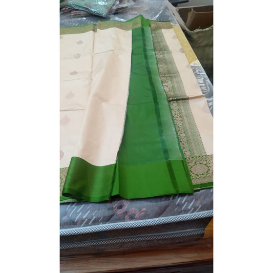 Pure half white with green katan Banarasi meenakari saree