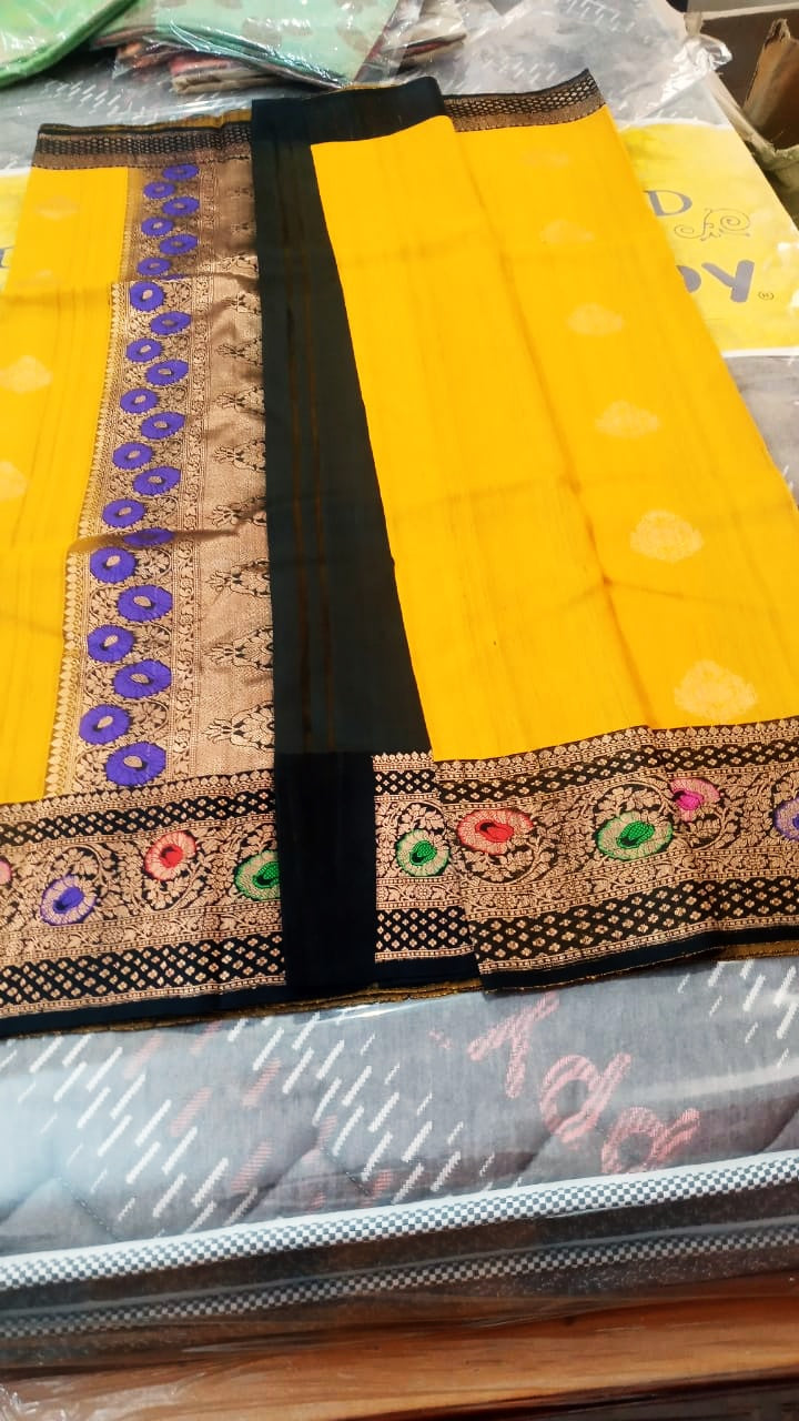 Tussar Banarasi silk saree in yellow 