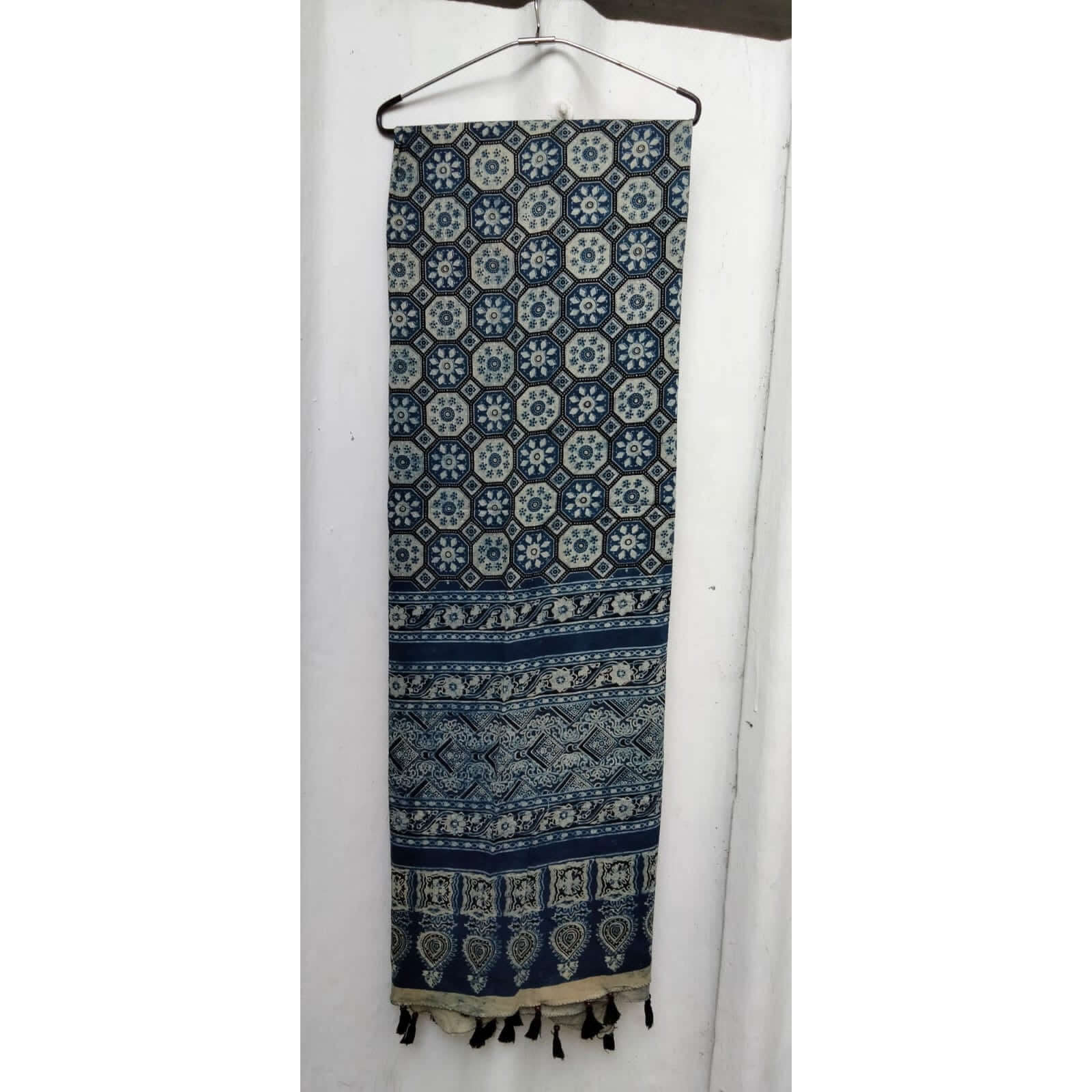 Ajrakh block printed cotton duppata in blue and ivory blocks