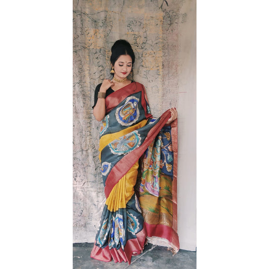 Hand painted Pen Kalamkari saree in pure tussar silk in yellow with gray