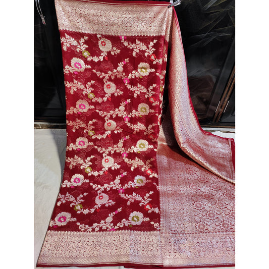 Handwoven khaddi Pure Banarasi Georget chiffon Flowers meenakari work jaldar weaving silk sarees