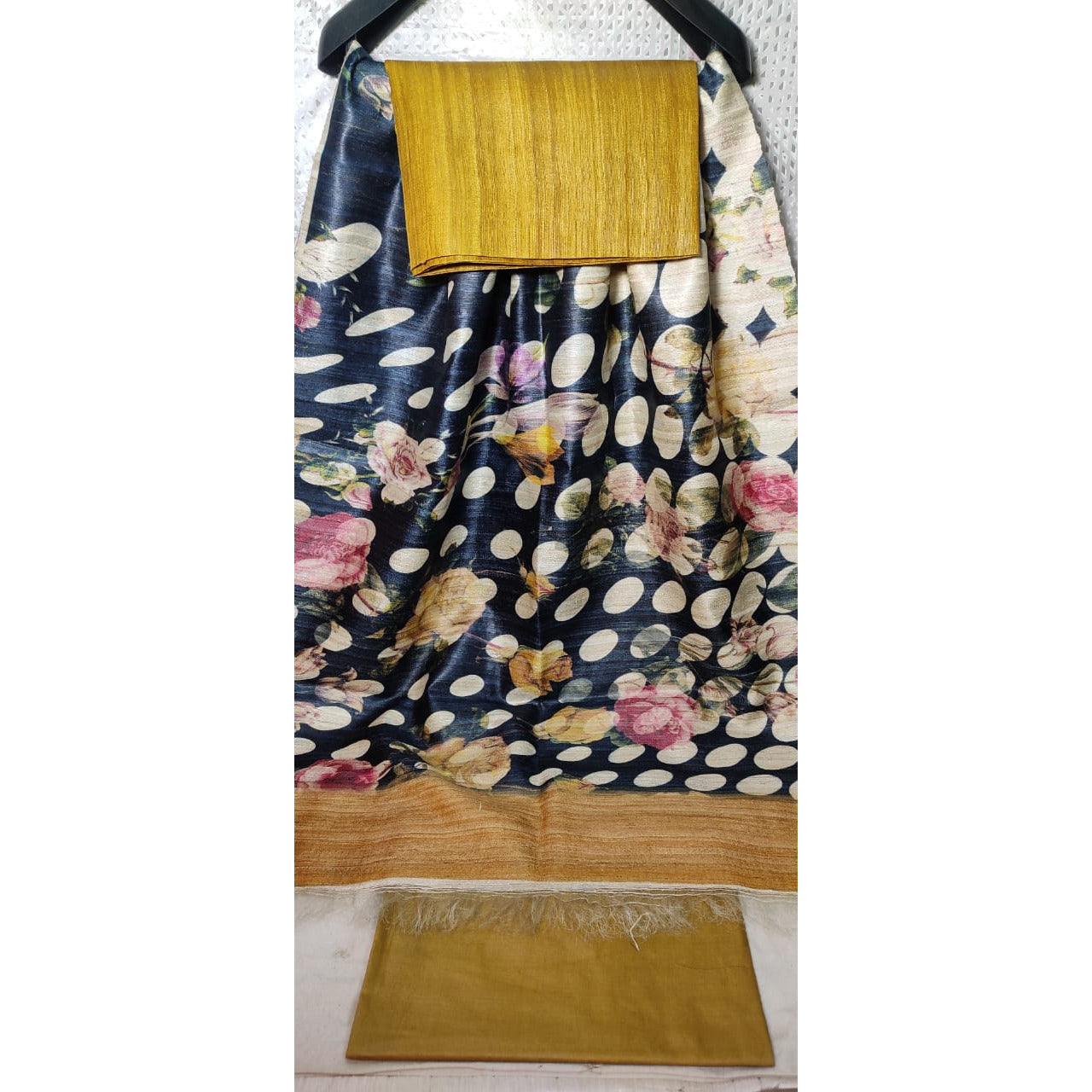 Ghicha tussar digital printed printed dupatta in black color with flowers