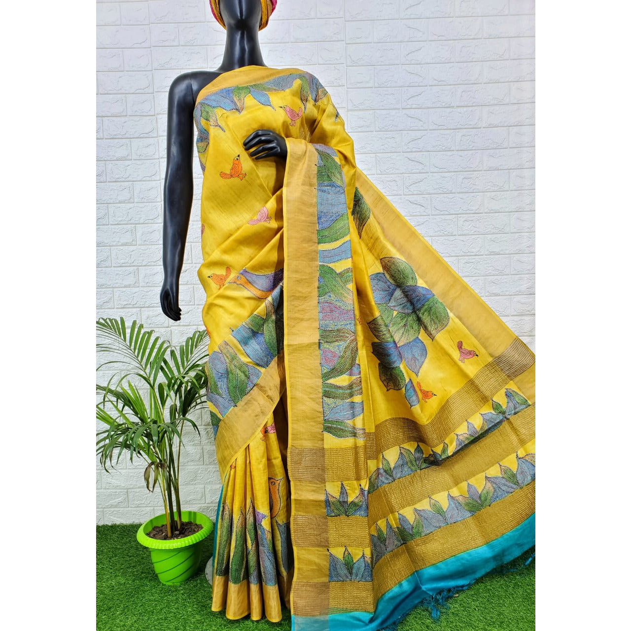 Hand painted kalamkari saree in pure tussar silk with kantha stitched work 