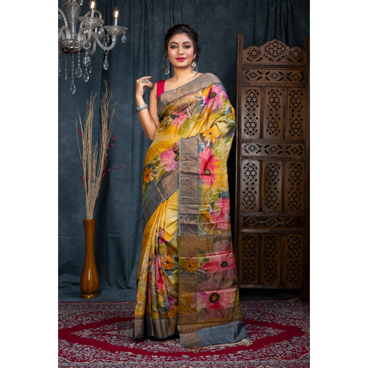 Hand painted pure tussar Saree digital in wax painted in sunflower yellow with flowers