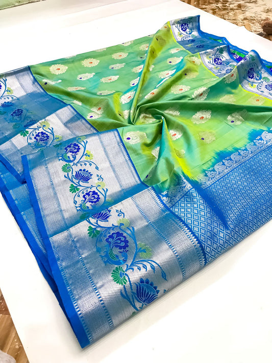 Venkatagiri handloom silk Saree in double tone blue with green blue color