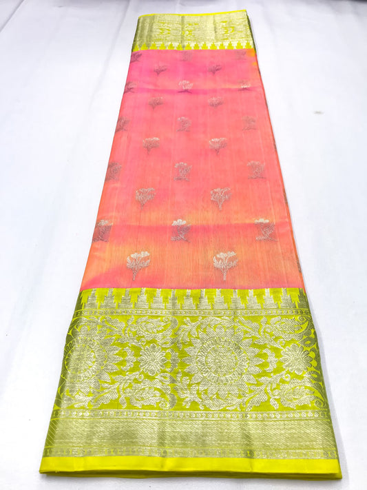 Venkatagiri handloom silk Saree in peach and yellow color