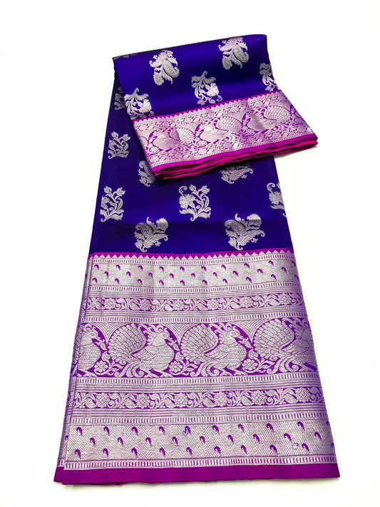 Venkatagiri handloom silk Saree in peach and royal blue color