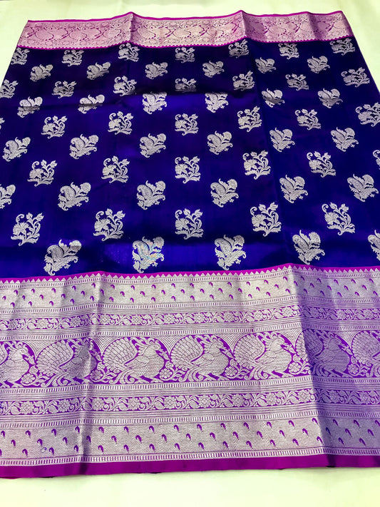 Venkatagiri handloom silk Saree in peach and royal blue color