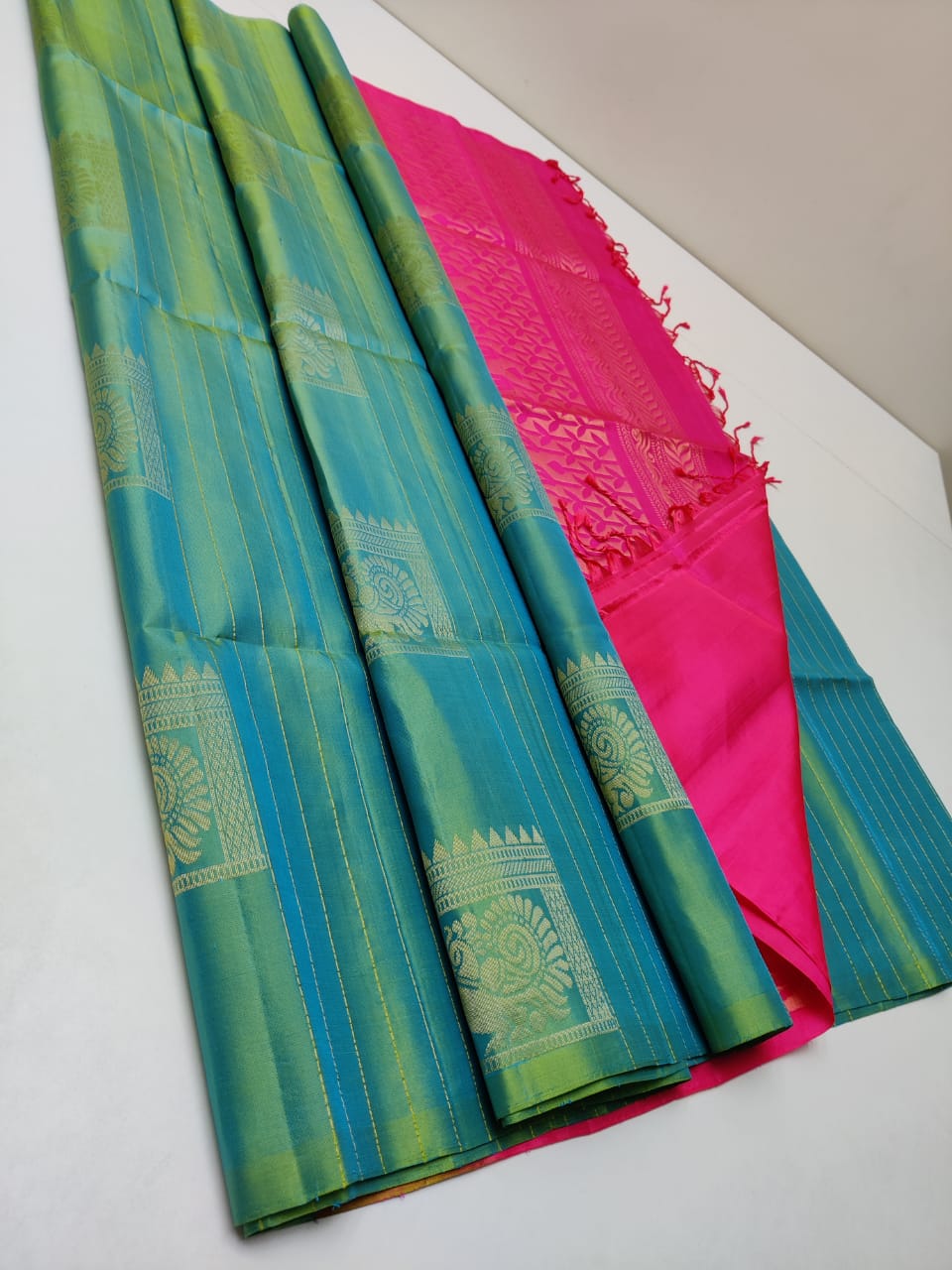 Pure Kanjivaram silk saree in greenish blue color