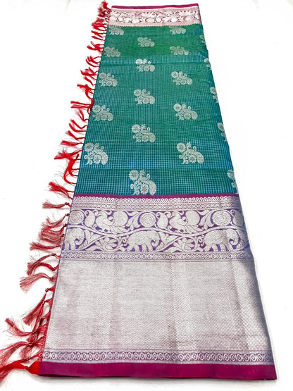 Venkatagiri handloom silk Saree in kalanji work with green and cherry red