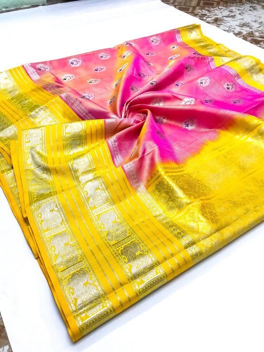 Venkatagiri handloom silk Saree in double tone pink with yellow color